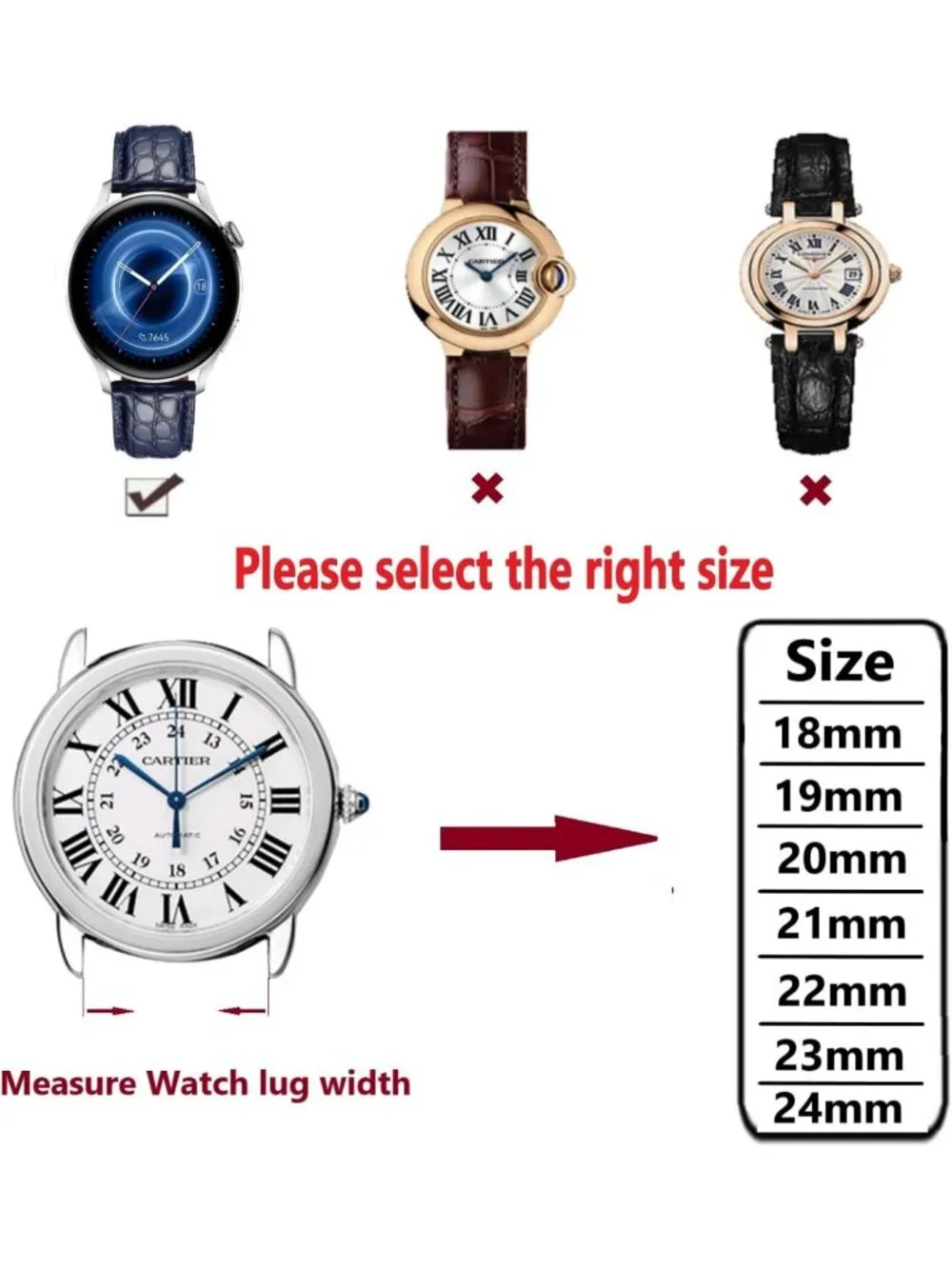Genuine Leather Alligator & Cowhide Watch Strap, 18mm-24mm, Unisex Deployment